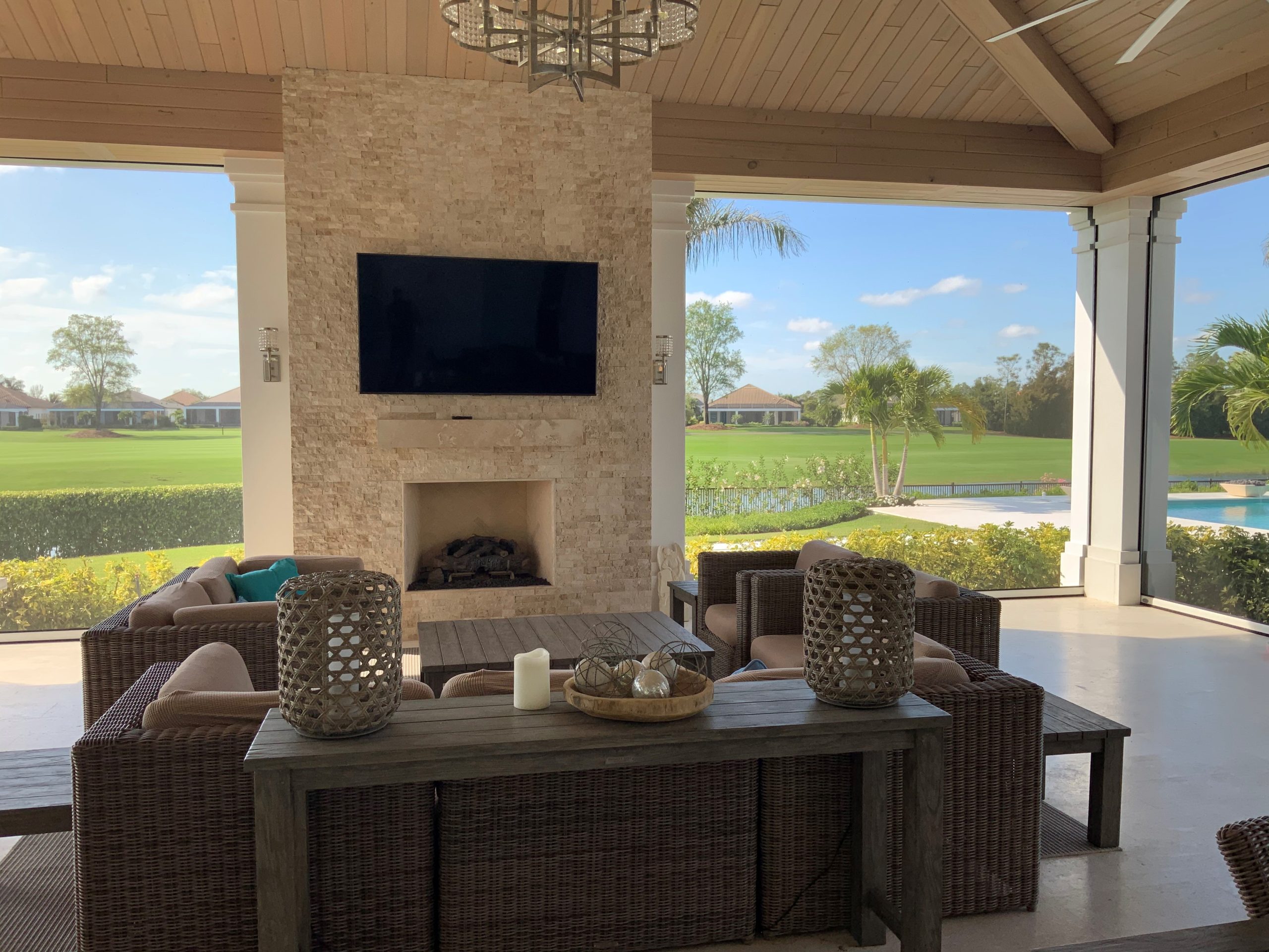 Recessed motorized screen on a residential home